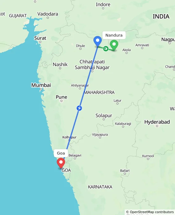Route map showing distance and travel time from Nandura, India to Goa, India