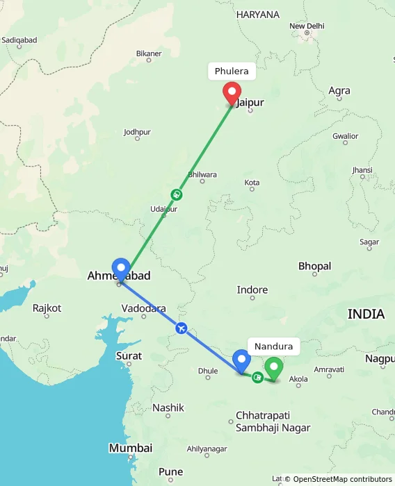 Route map showing distance and travel time from Nandura, India to Phulera, India