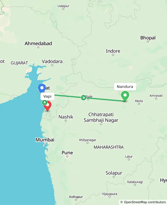 Route map showing distance and travel time from Nandura, India to Vapi, India