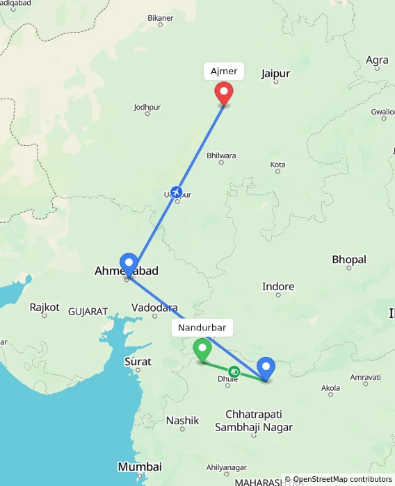 Route map showing distance and travel time from Nandurbar, India to Ajmer, India