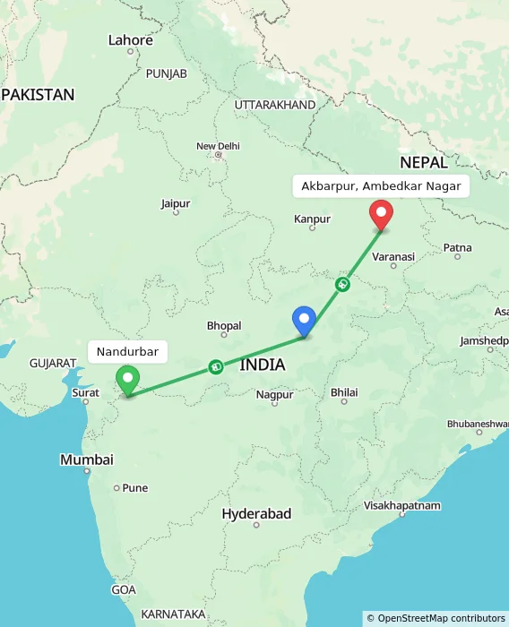 Route map showing distance and travel time from Nandurbar, India to Akbarpur, Ambedkar Nagar, India