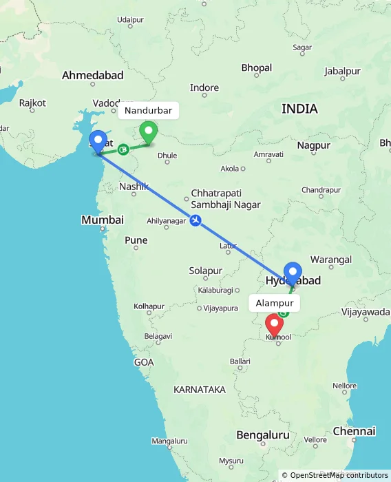 Route map showing distance and travel time from Nandurbar, India to Alampur, India