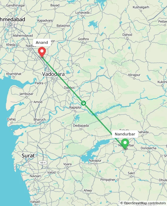 Route map showing distance and travel time from Nandurbar, India to Anand, India