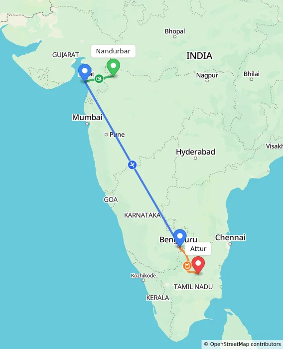 Route map showing distance and travel time from Nandurbar, India to Attur, India