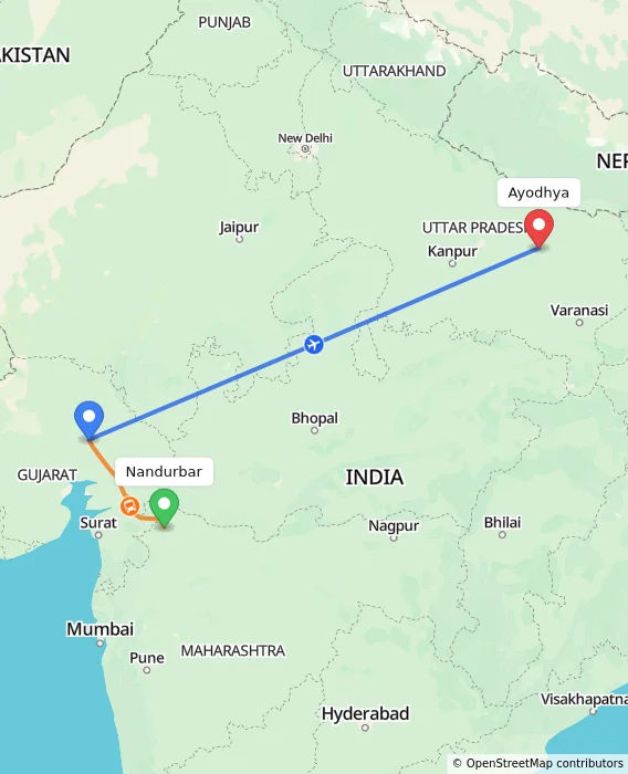 Route map showing distance and travel time from Nandurbar, India to Ayodhya, India