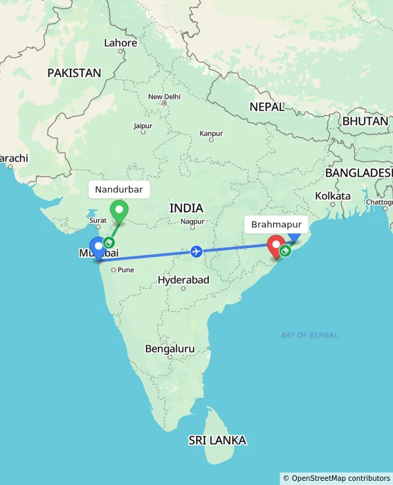 Route map showing distance and travel time from Nandurbar, India to Brahmapur, India