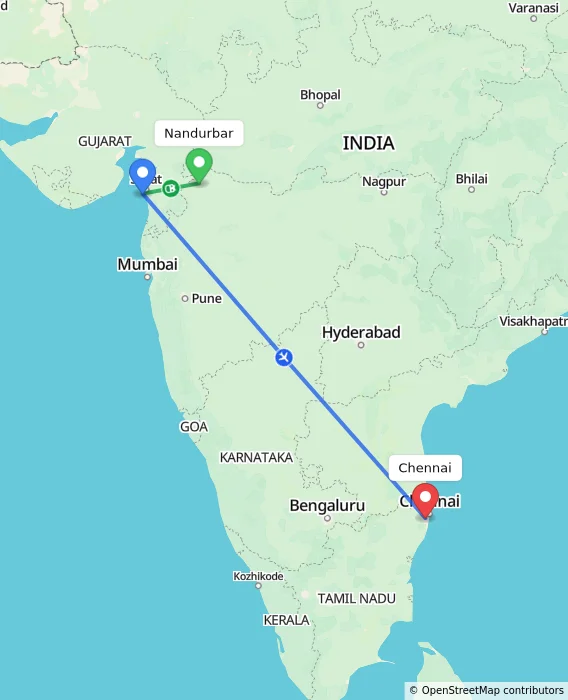 Route map showing distance and travel time from Nandurbar, India to Chennai, India