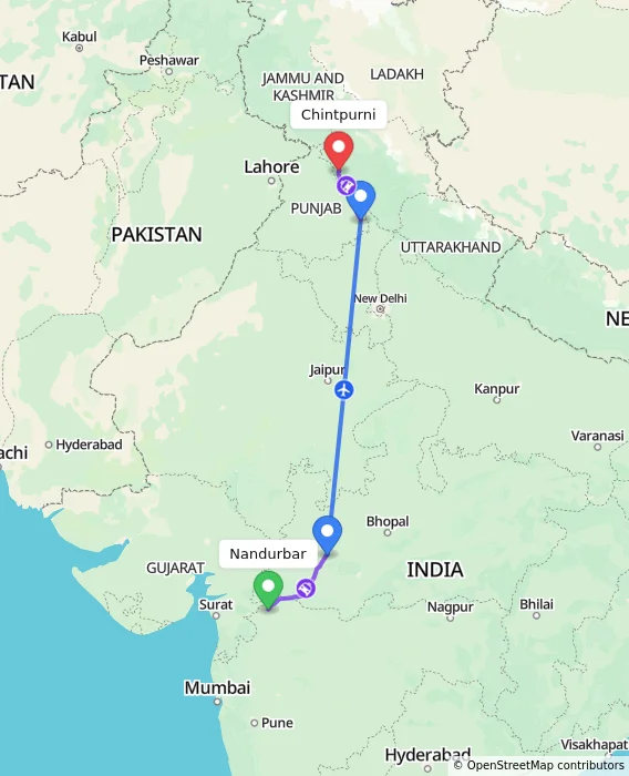 Route map showing distance and travel time from Nandurbar, India to Chintpurni, India