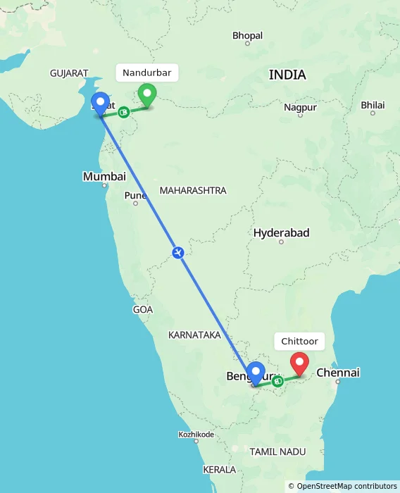 Route map showing distance and travel time from Nandurbar, India to Chittoor, India