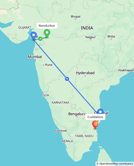 Route map showing distance and travel time from Nandurbar, India to Cuddalore, India