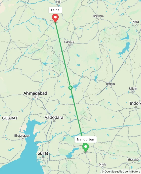 Route map showing distance and travel time from Nandurbar, India to Falna, India