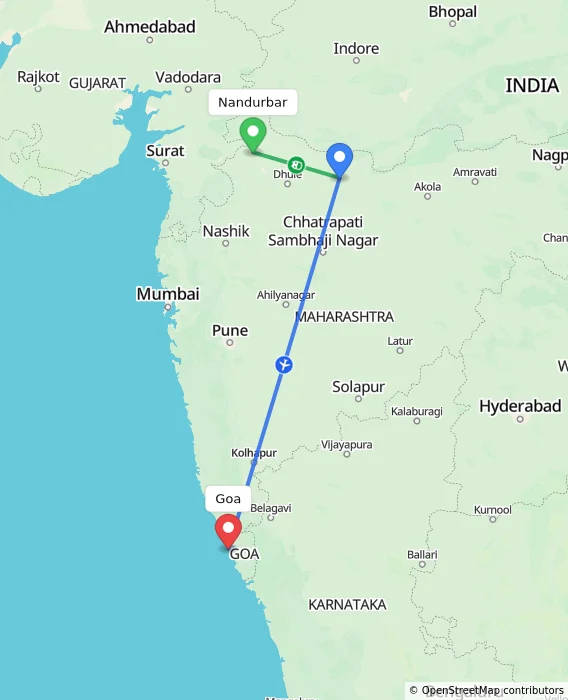 Route map showing distance and travel time from Nandurbar, India to Goa, India