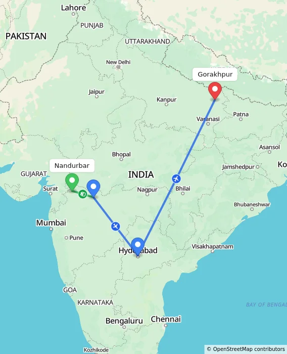 Route map showing distance and travel time from Nandurbar, India to Gorakhpur, India