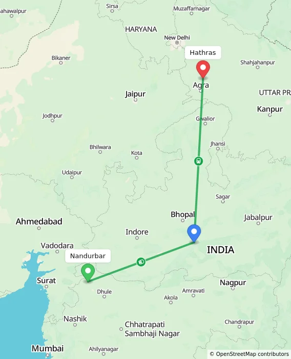 Route map showing distance and travel time from Nandurbar, India to Hathras, India