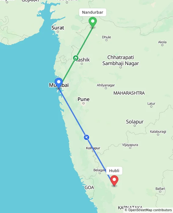Route map showing distance and travel time from Nandurbar, India to Hubli, India