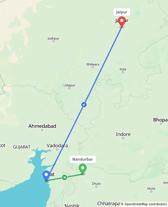 Route map showing distance and travel time from Nandurbar, India to Jaipur, India
