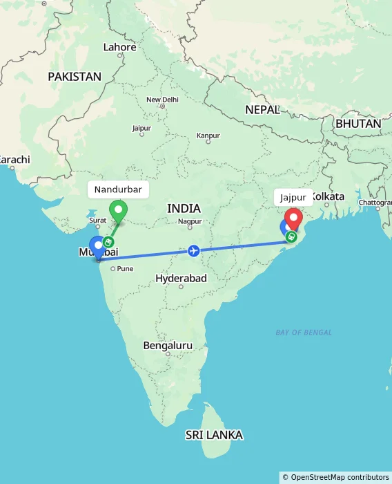 Route map showing distance and travel time from Nandurbar, India to Jajpur, India