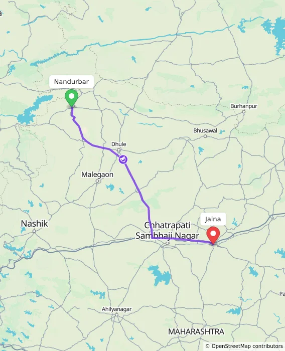Route map showing distance and travel time from Nandurbar, India to Jalna, India