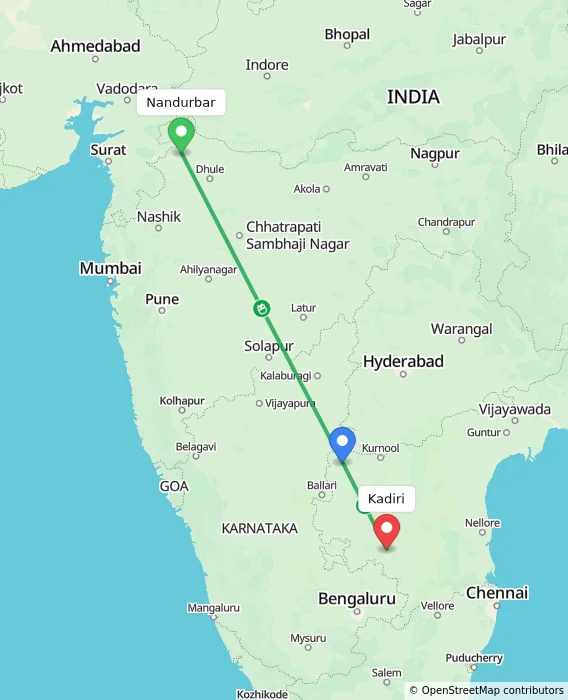 Route map showing distance and travel time from Nandurbar, India to Kadiri, India