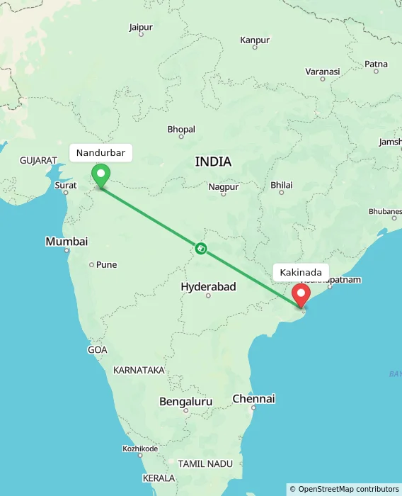 Route map showing distance and travel time from Nandurbar, India to Kakinada, India