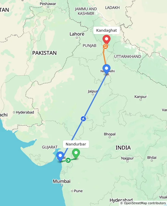 Route map showing distance and travel time from Nandurbar, India to Kandaghat, India
