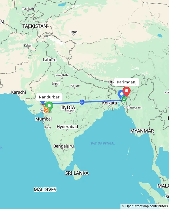 Route map showing distance and travel time from Nandurbar, India to Karimganj, India