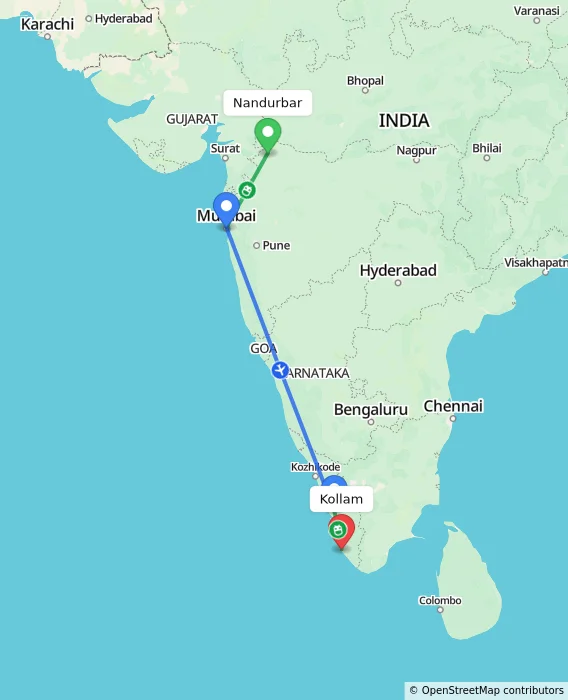 Route map showing distance and travel time from Nandurbar, India to Kollam, India