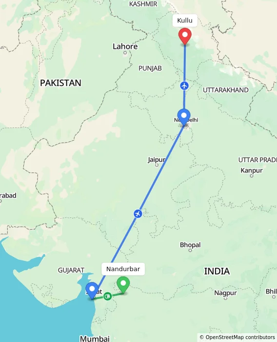Route map showing distance and travel time from Nandurbar, India to Kullu, India