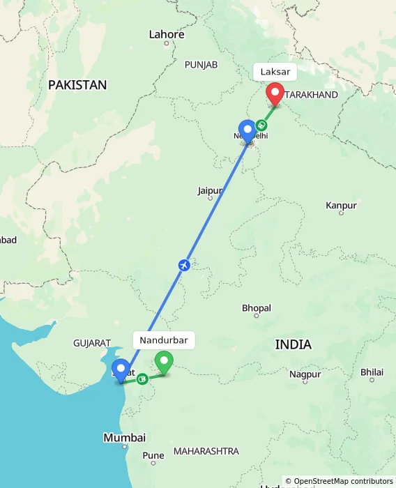 Route map showing distance and travel time from Nandurbar, India to Laksar, India