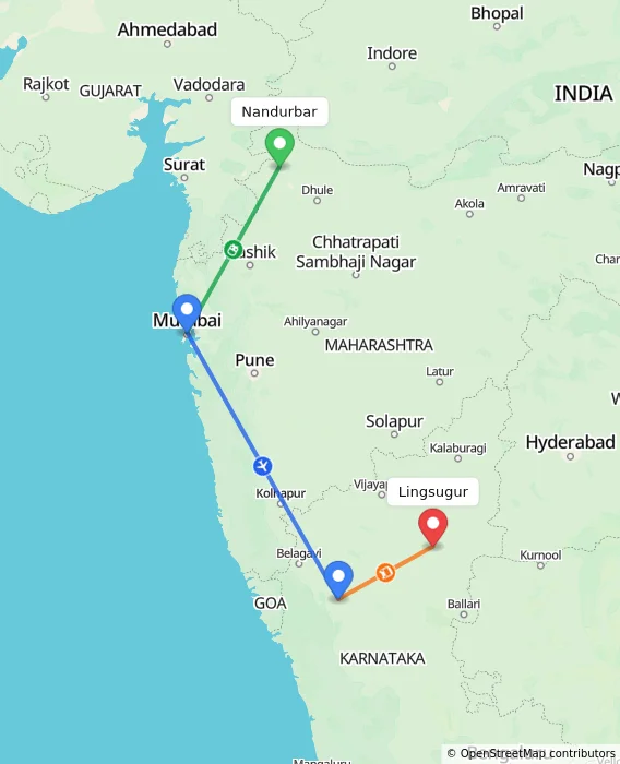 Route map showing distance and travel time from Nandurbar, India to Lingsugur, India