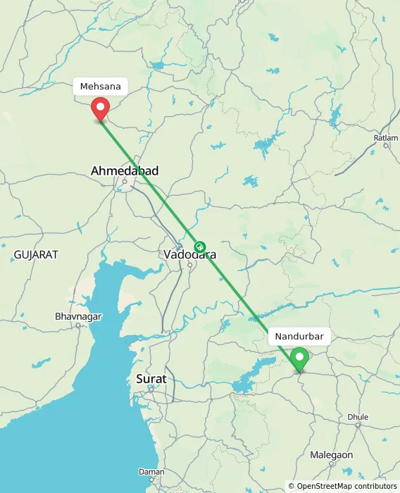 Route map showing distance and travel time from Nandurbar, India to Mehsana, India