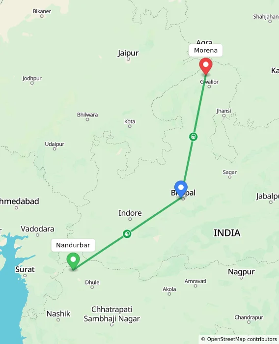 Route map showing distance and travel time from Nandurbar, India to Morena, India