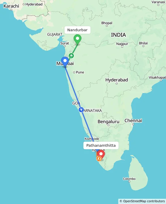 Route map showing distance and travel time from Nandurbar, India to Pathanamthitta, India