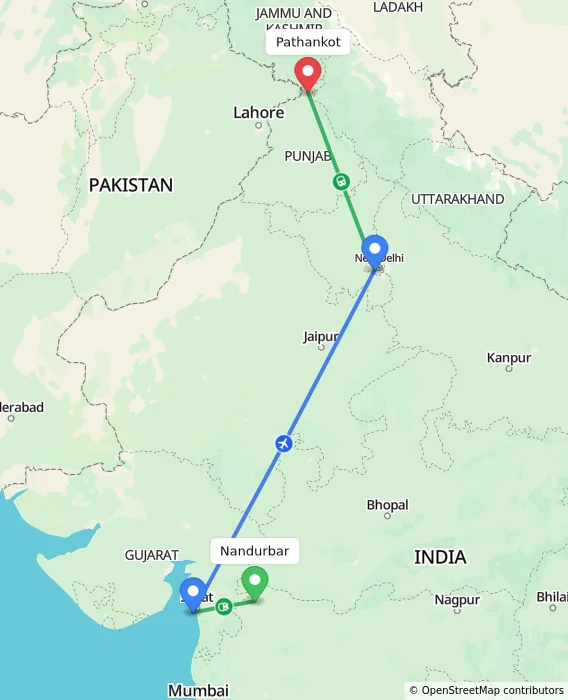 Route map showing distance and travel time from Nandurbar, India to Pathankot, India