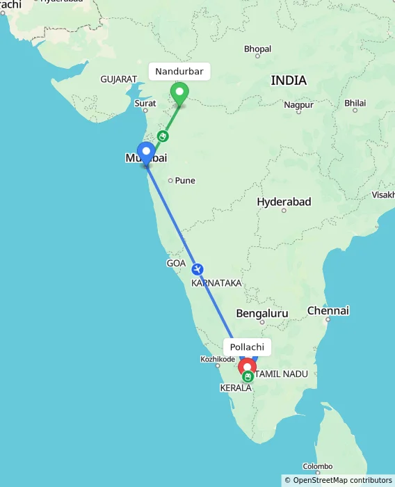 Route map showing distance and travel time from Nandurbar, India to Pollachi, India