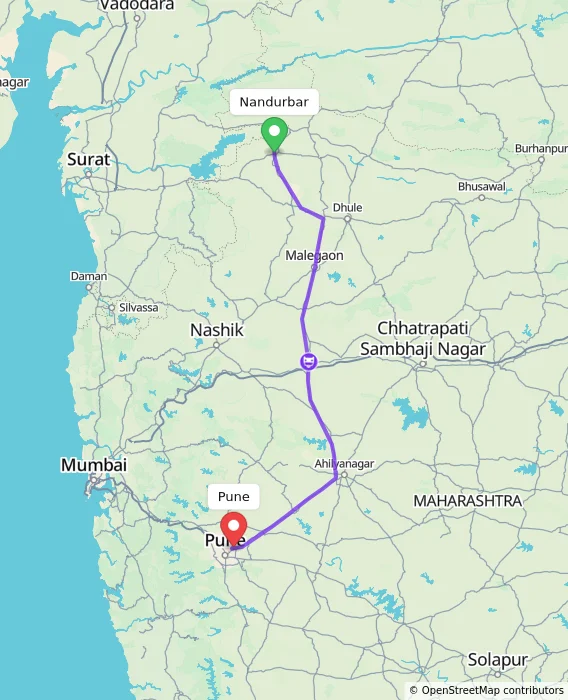 Route map showing distance and travel time from Nandurbar, India to Pune, India
