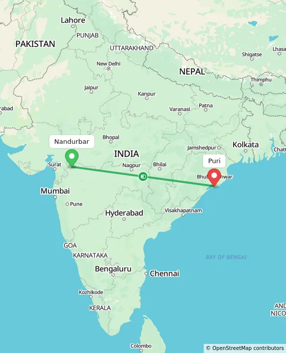 Route map showing distance and travel time from Nandurbar, India to Puri, India