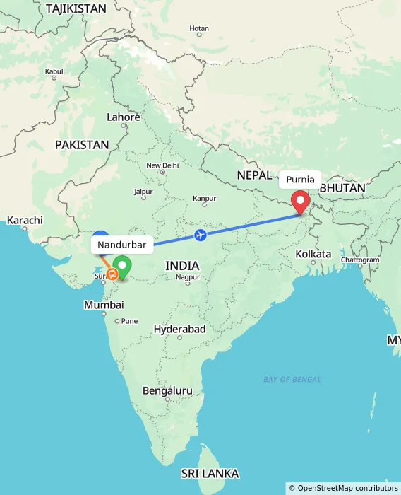 Route map showing distance and travel time from Nandurbar, India to Purnia, India