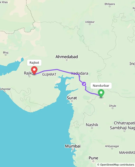 Route map showing distance and travel time from Nandurbar, India to Rajkot, India