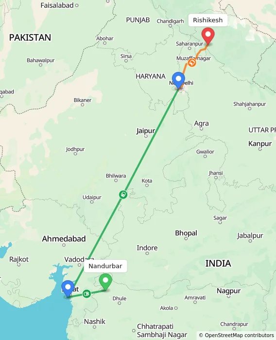 Route map showing distance and travel time from Nandurbar, India to Rishikesh, India