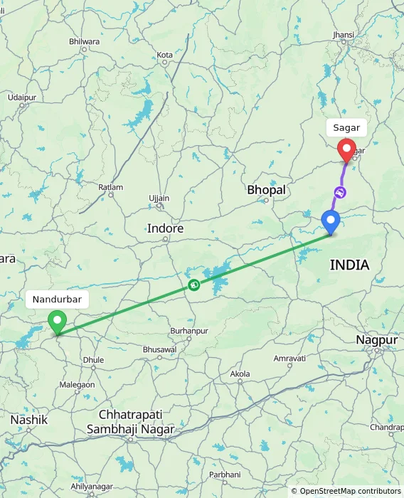 Route map showing distance and travel time from Nandurbar, India to Sagar, India