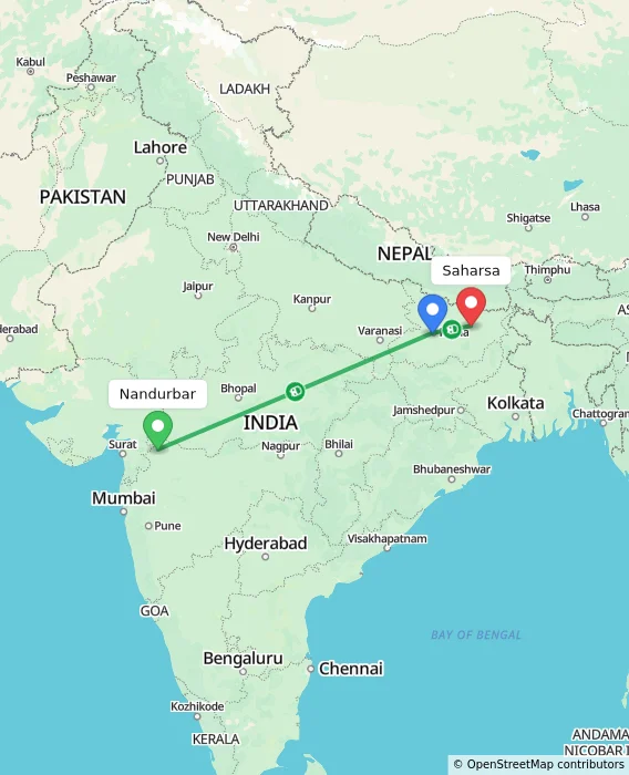 Route map showing distance and travel time from Nandurbar, India to Saharsa, India