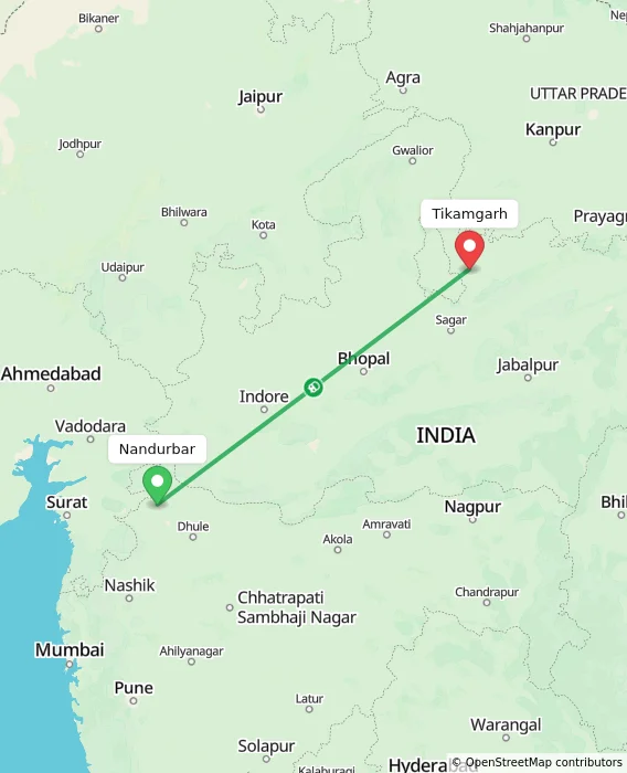 Route map showing distance and travel time from Nandurbar, India to Tikamgarh, India