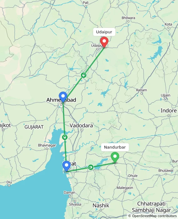 Route map showing distance and travel time from Nandurbar, India to Udaipur, India