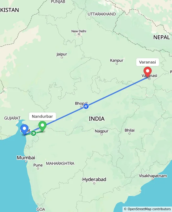 Route map showing distance and travel time from Nandurbar, India to Varanasi, India