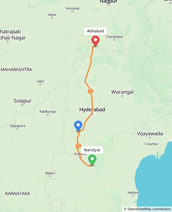 Route map showing distance and travel time from Nandyal, India to Adilabad, India