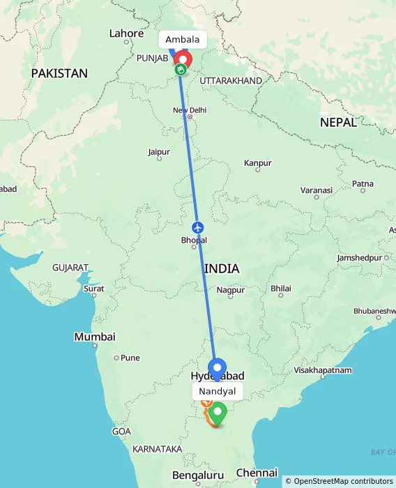Route map showing distance and travel time from Nandyal, India to Ambala, India
