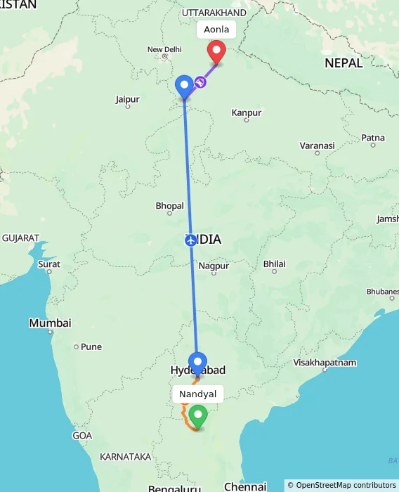 Route map showing distance and travel time from Nandyal, India to Aonla, India