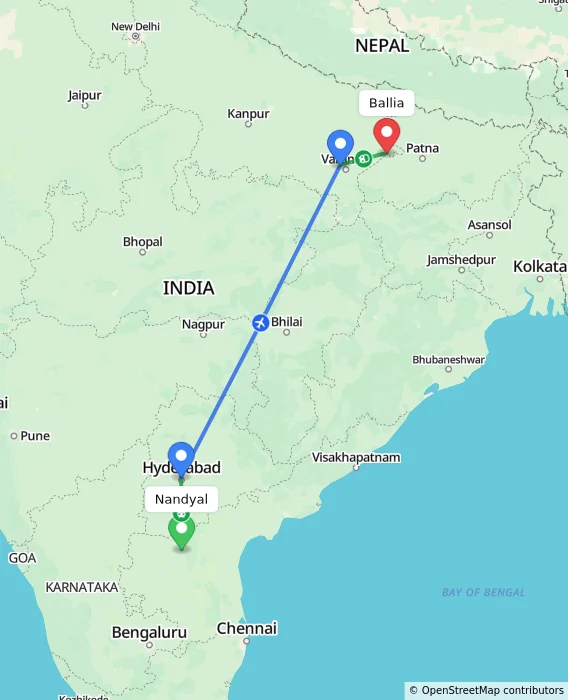 Route map showing distance and travel time from Nandyal, India to Ballia, India