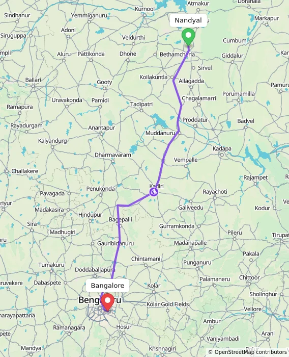 Route map showing distance and travel time from Nandyal, India to Bangalore, India
